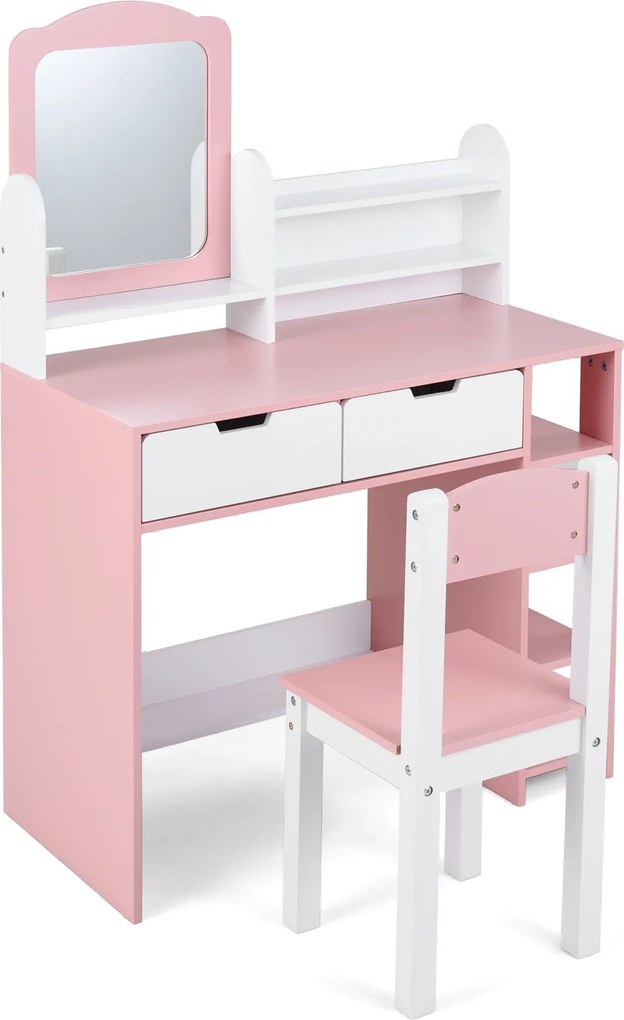 Conjunto de Toucador Infantil com Espelho e Cadeira, 80 x 40 x 118 cm, Arrumação Espaçosa, Cor-de-rosa