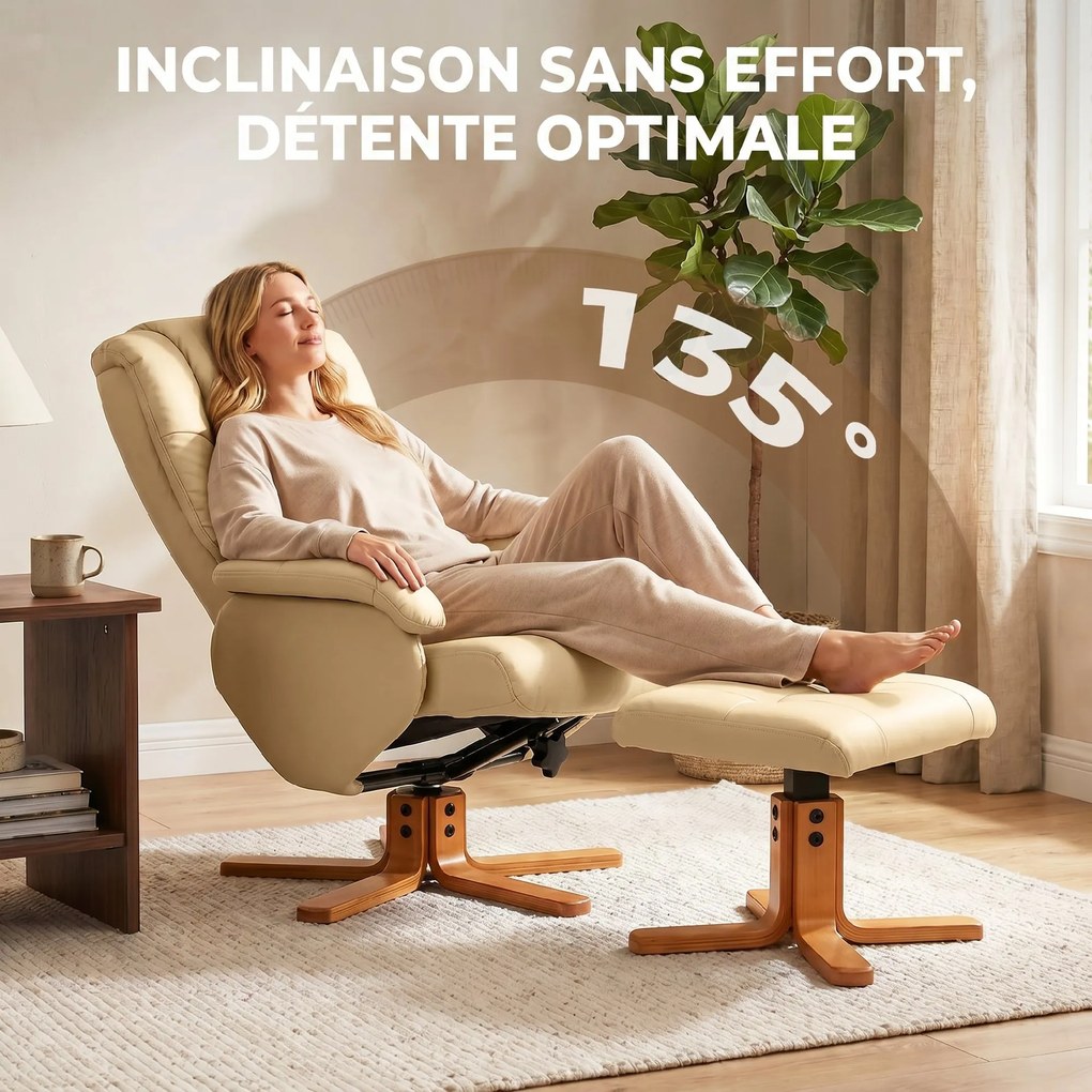 Poltrona de relaxamento com apoio para os pés, giratória a 360°, encosto reclinável, capacidade de 120 kg, bege