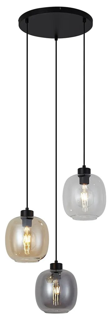 Candeeiro suspenso preto com vidro âmbar, fumê e transparente 3 luzes - Elena