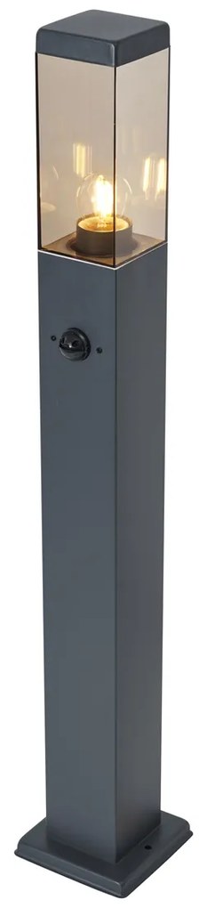 Candeeiro de exterior cinzento escuro com vidro fumado 80cm IP44 com tomada e sensor de movimento - Malios Moderno