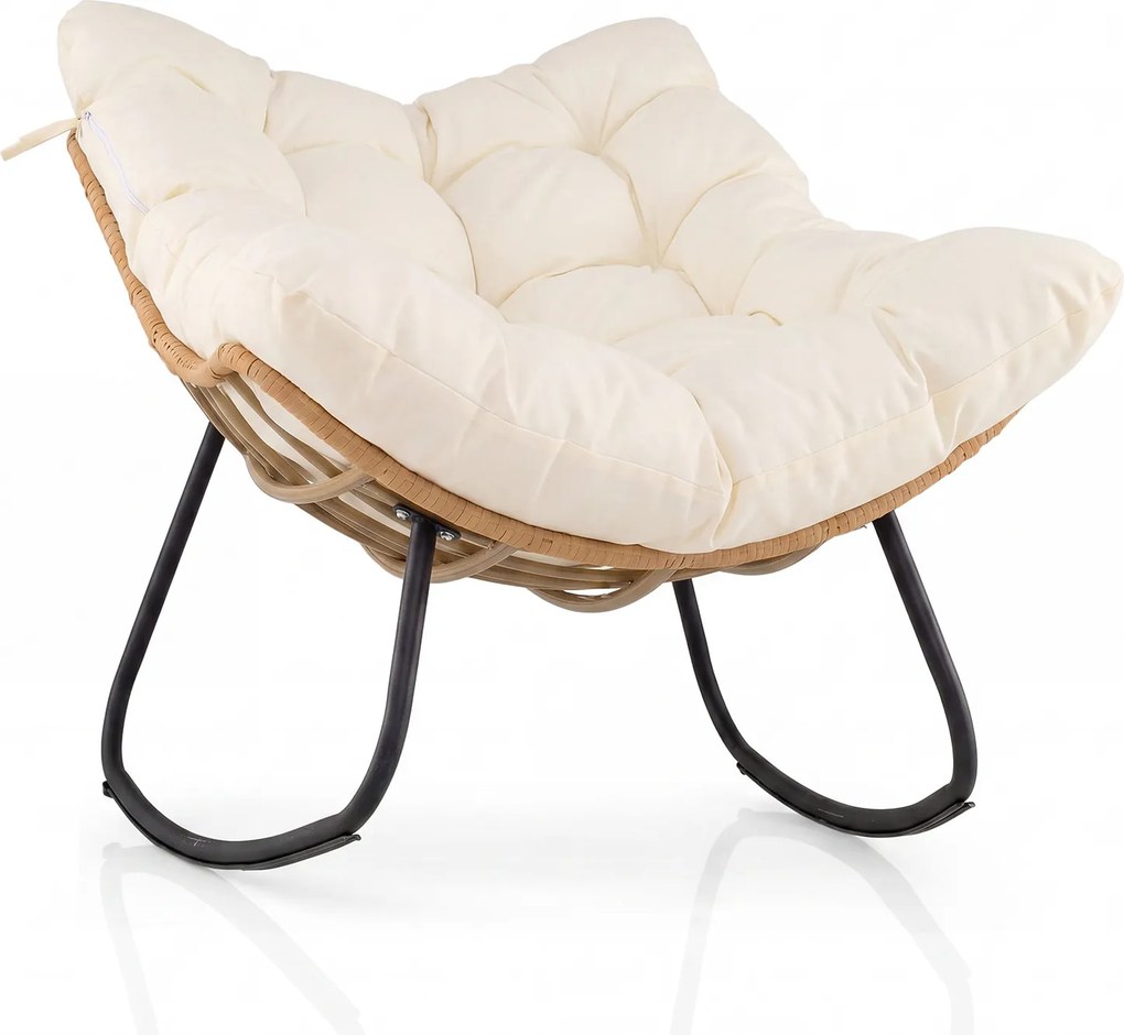 Cadeira de baloiço em forma de ovo para exterior, em rattan PE com almofada removível, estrutura metálica, oscilação de 25°, travões anti-capotamento,