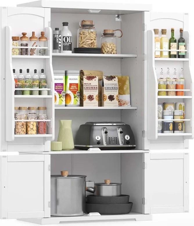 Armário de cozinha 40 x 76 x 135,8 cm com 4 prateleiras ajustáveis e 6 compartimentos nas portas Branco