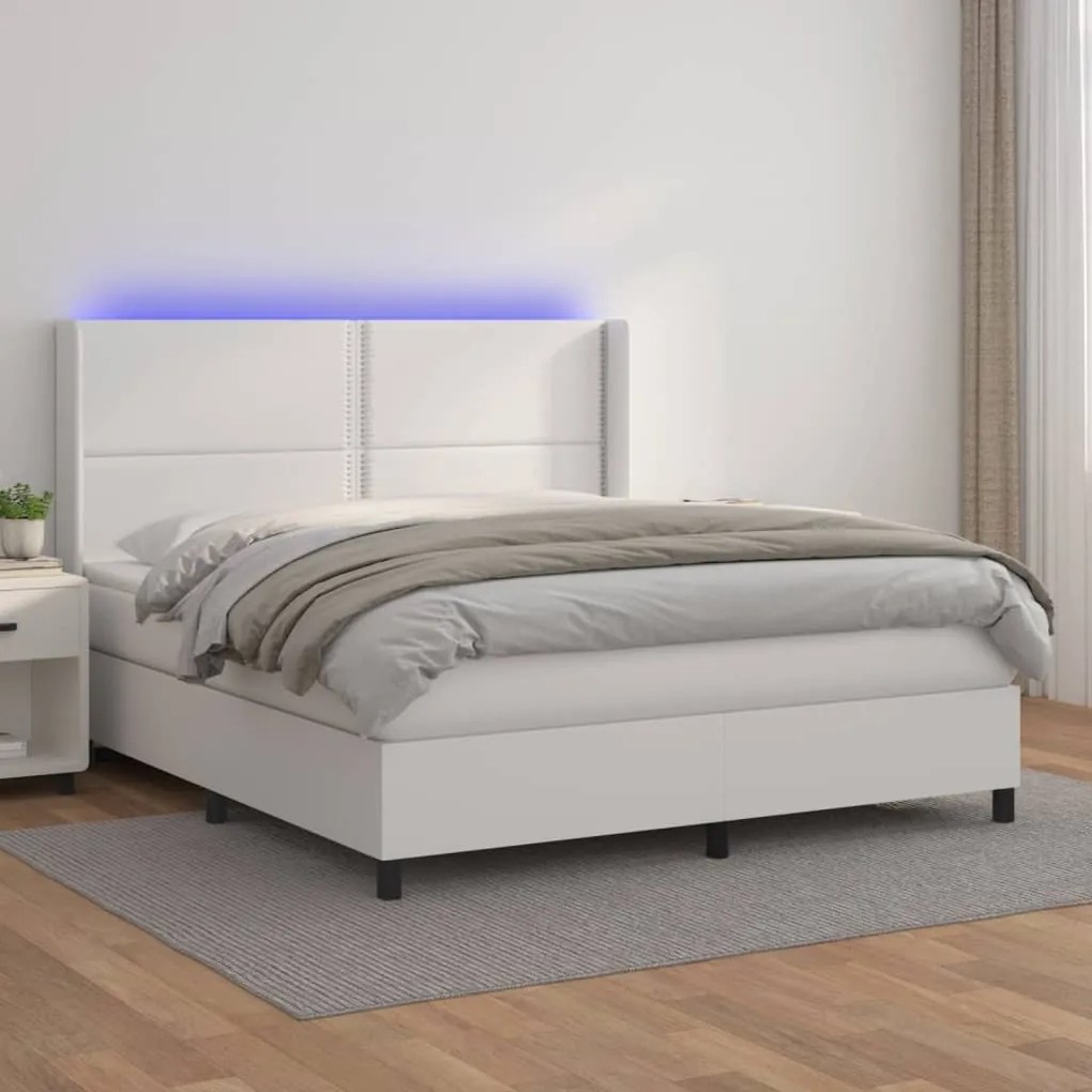 vidaXL Cama box spring c/colchão/LED 180x200cm couro artificial branco
