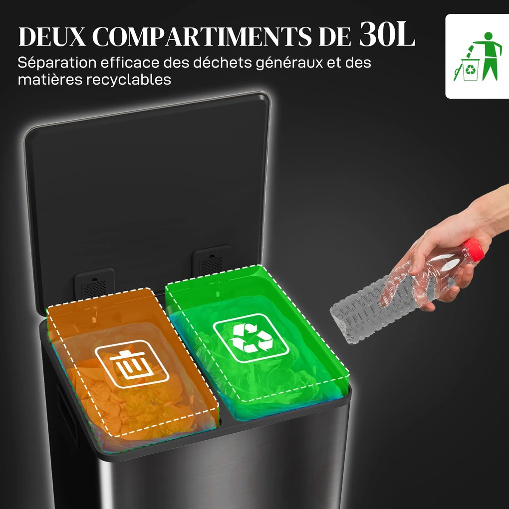 Caixote do lixo de cozinha com 2 compartimentos de 2 x 30 L, aço inoxidável, tampa com fecho suave, 47,7 x 37,5 x 66,8 cm, preto