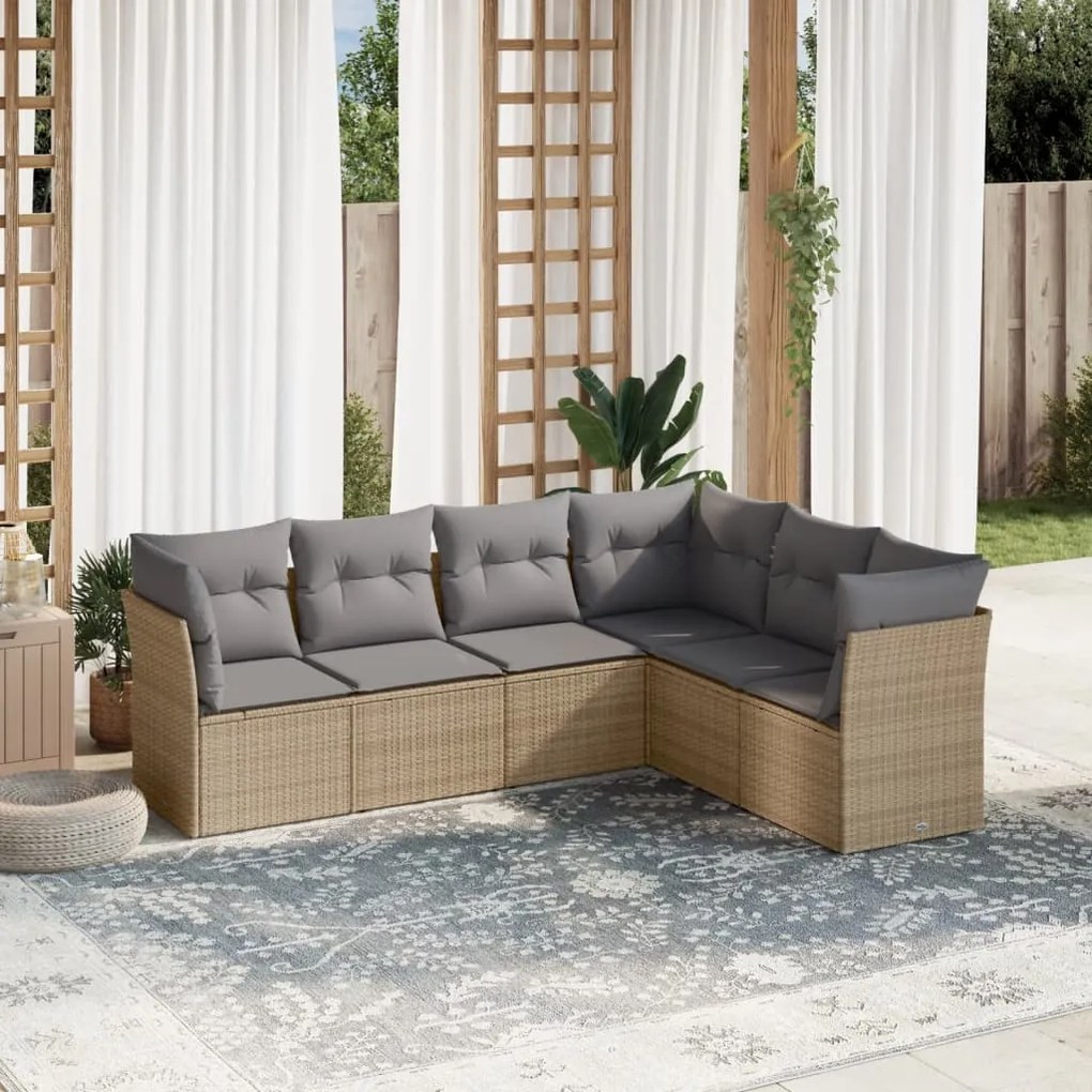 6 pcs conjunto de sofás p/ jardim com almofadões vime PE bege