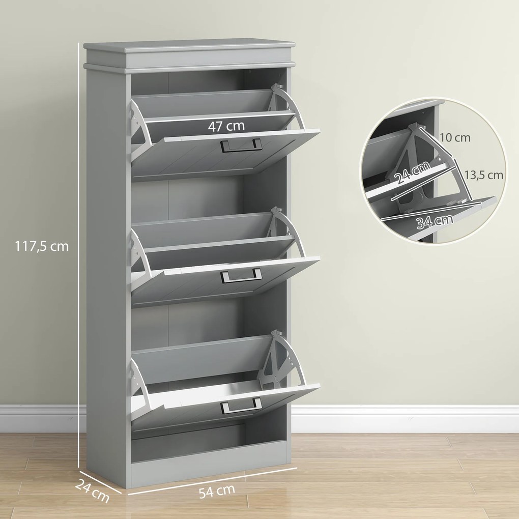 Sapateira, com 3 portas basculantes 54 x 24 x 117,5 cm, capacidade para 15 pares, prateleiras ajustáveis, cinzento
