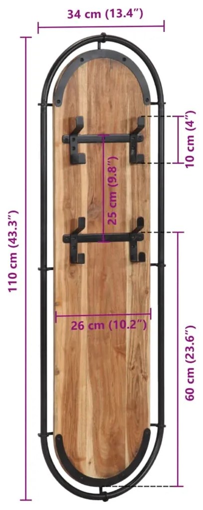 Cabides de parede com 4 ganchos 2 pcs madeira de acácia maciça