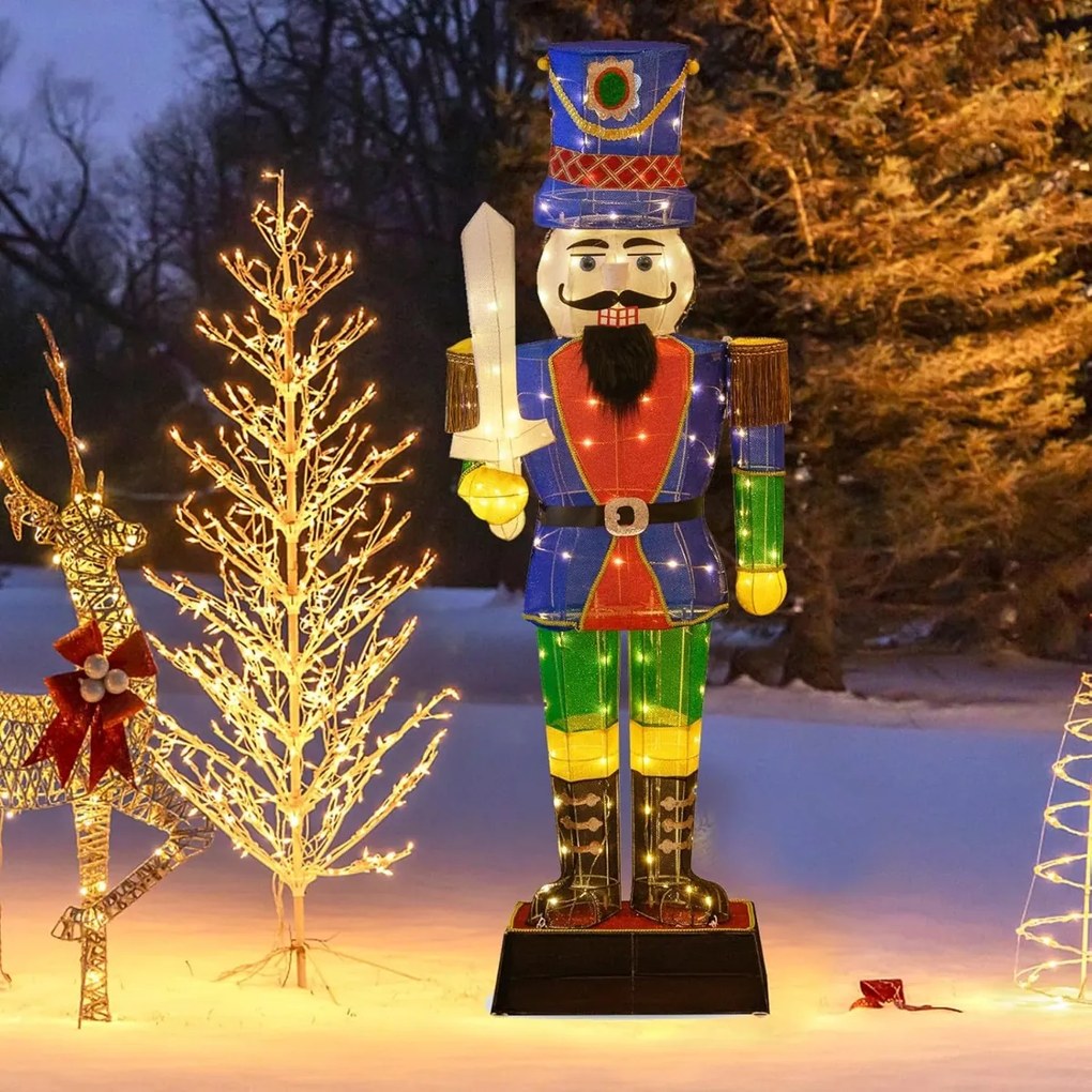 Figura de Natal Iluminada Soldado Quebra-nozes 184 cm com Espada e Luzes com 110 Luzes LED com Flanges e Estacas Utilização no interior e exterior