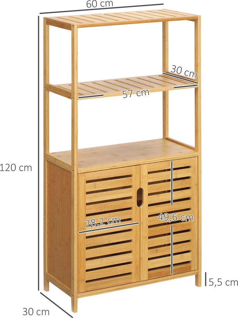 Móvel de casa de banho em bambu 60 (L) x 30 (P) x 120 (A) cm, 2 prateleiras abertas e porta dupla com ripas, natural