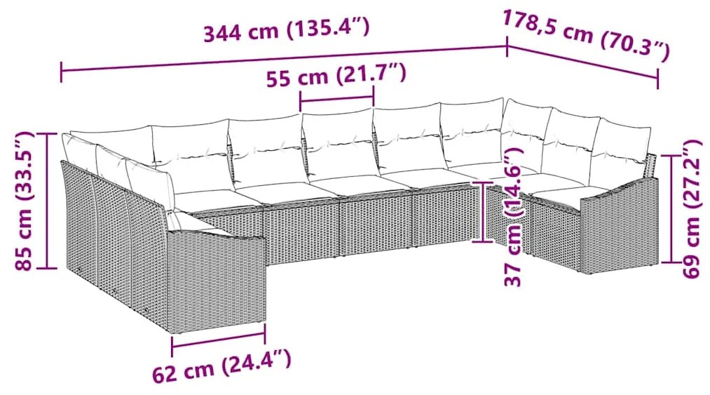 Conjunto de Sofá de Jardim de 10 Peças com Almofadas Preto, Rattan e P