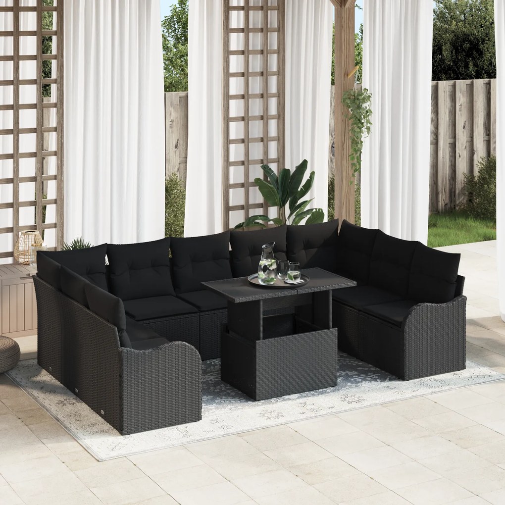 Conjunto de Sofá de Jardim vidaXL de 10 Peças com Almofadas Pretas em
