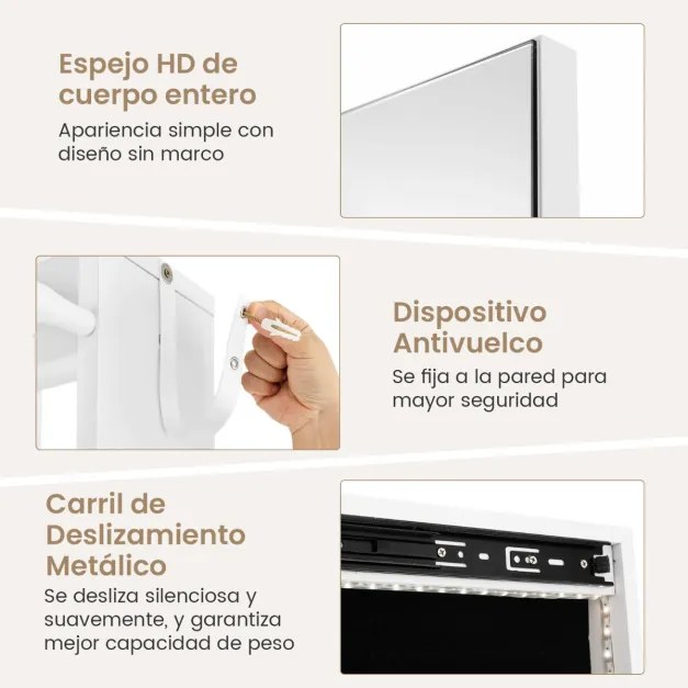 Espelho Armário para joias giratório 360 ° com cabide espelhado independente e luzes LED 50 x 50 x 166,5 cm branco