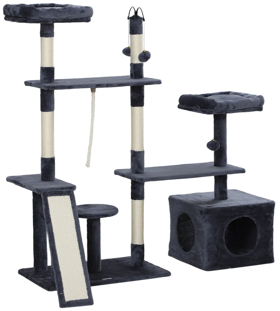 PawHut Arranhador para Gatos 134 cm com Caverna Plataformas Bolas de Jogar e Postes de Sisal 124,5x40x134 cm Cinza Escuro