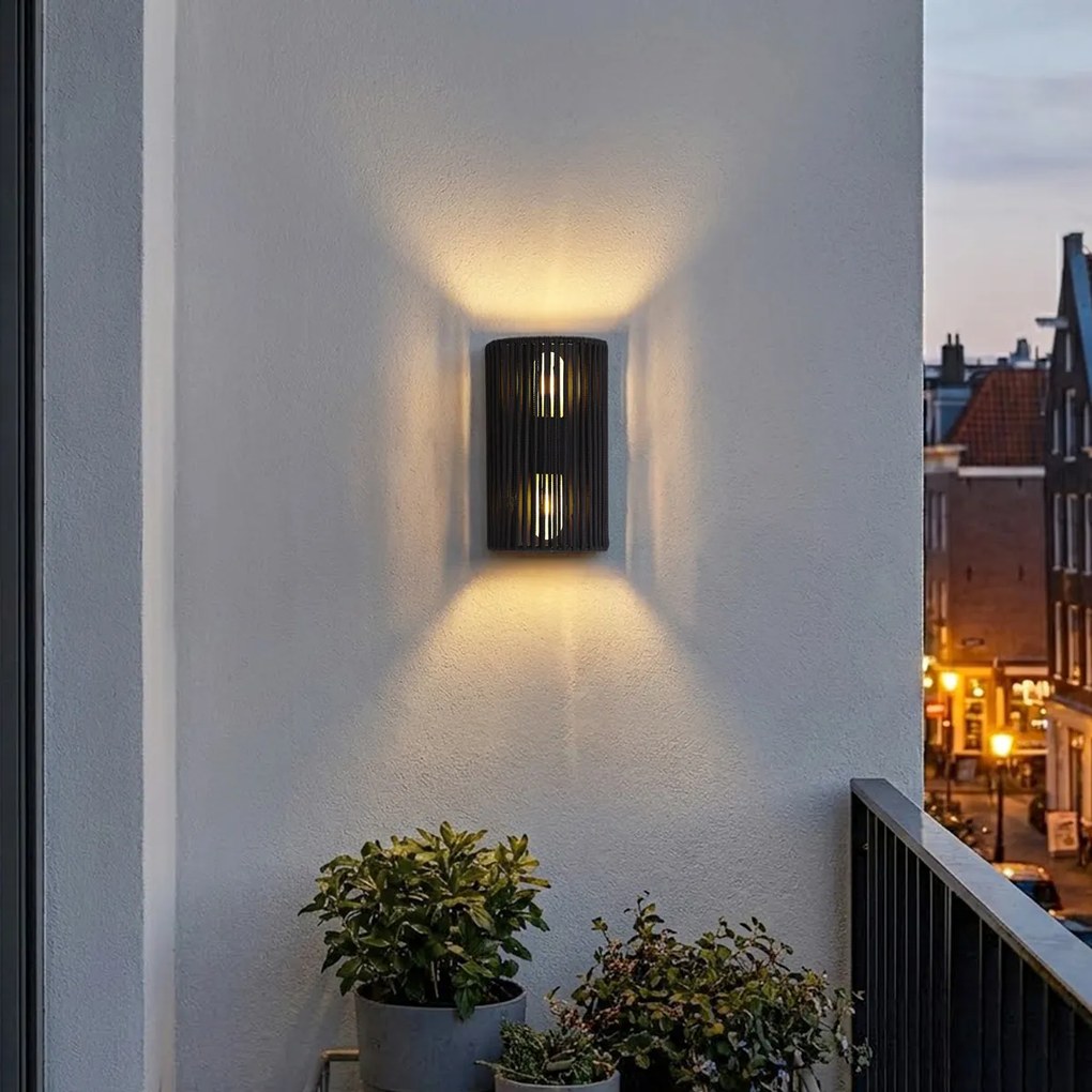 Candeeiro de parede Japandi preto com corda IP44 - Jayla