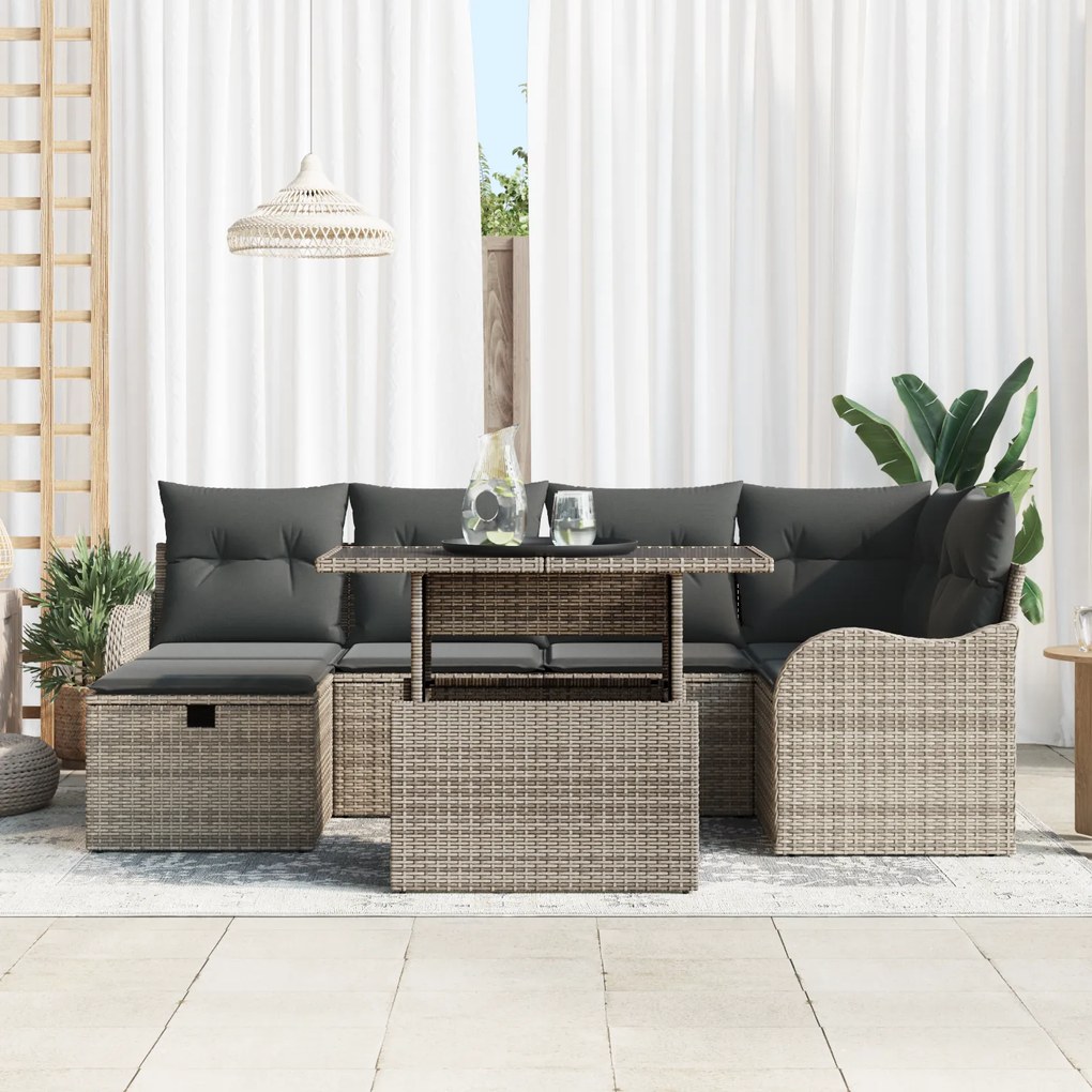 Conjunto de Sofás de Jardim de 7 Peças com Almofadas Cinza Rattan Poli