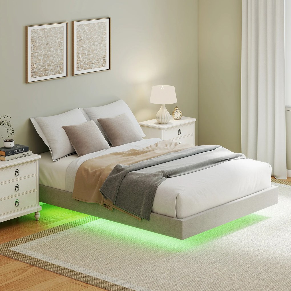 Estrutura de cama suspensa 140 x 190 cm com iluminação LED (COLCHÃO NÃO INCLUIDO), cama de casal estofada em linho, base de ripas de madeira, bege