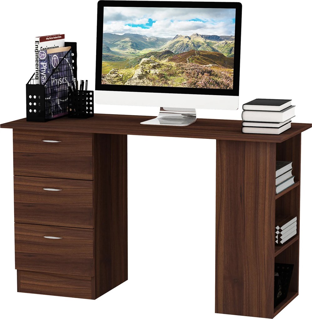 Secretária de computador com 3 gavetas e 3 prateleiras abertas, 120 x 49 x 72 cm, secretária com arrumação reversível, estilo moderno, secretária de c