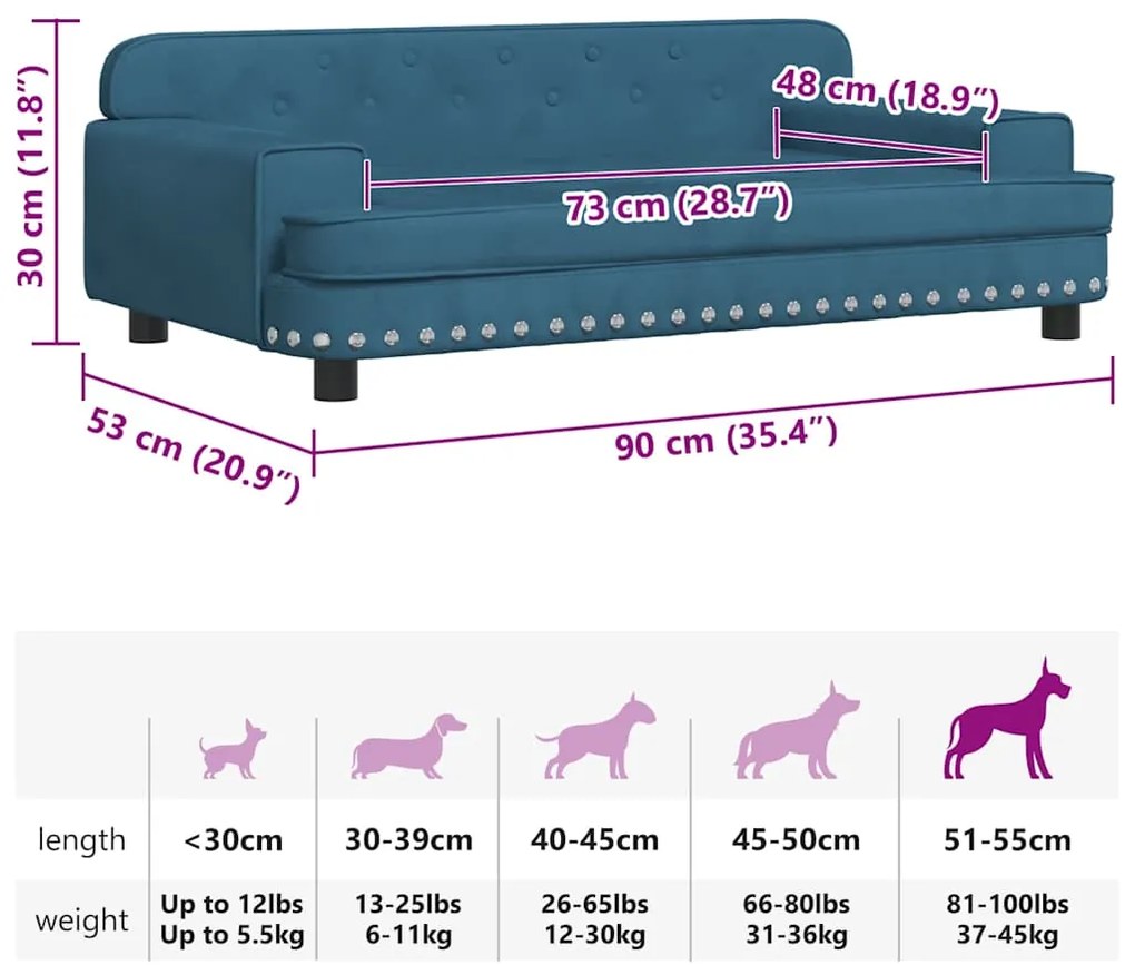 Cama para cães 90x53x30 cm veludo azul