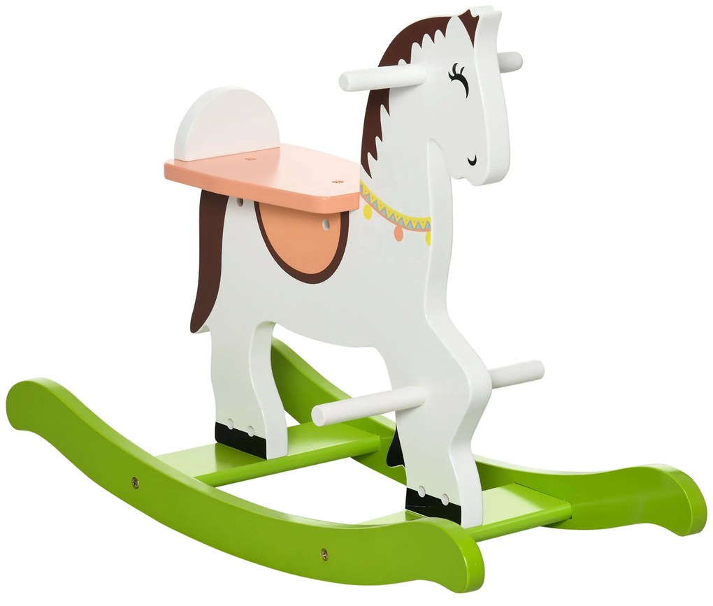 Cavalo Baloiço para Crianças de 1-3 Anos Cavalo Baloiço de Madeira com Guiador e Apoio para os Pés Carga Máxima 50kg 68x27x50cm Branco e Verde