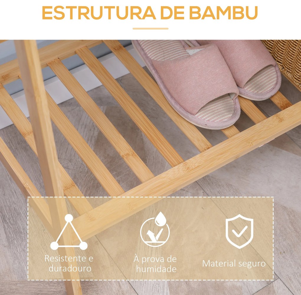 Suporte para Cabides de Bambu com 2 Prateleiras Abertas Barra e Ganchos Laterais para Roupa Bolsas 82x36,8x140cm Madeira