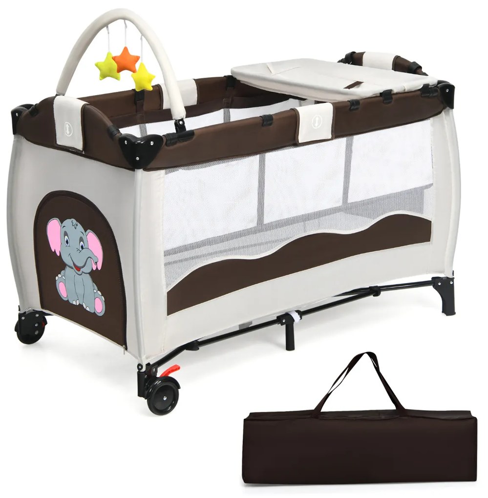 Parque Bebés 3 em 1 Berço cama de brincar para crianças com mudança de berço Colchão de actividades portátil e dobrável 125 x 66 x 84 cm Castanho