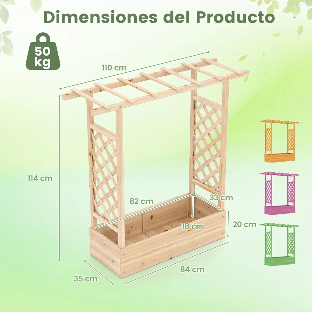 Floreira de jardim elevada em madeira com treliça 110 x 35 x 114 cm, teto suspenso, orifícios de drenagem, abeto, para plantas trepadeiras natural