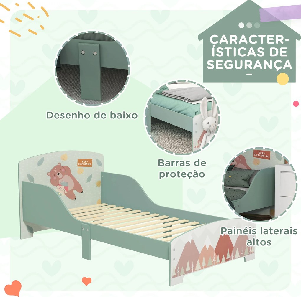 Cama para Crianças de Madeira (COLCHÃO NÃO INCLUIDO) com Barreira de Proteção e Estampados Carga Máx. 40 kg 77x143x60 cm Verde