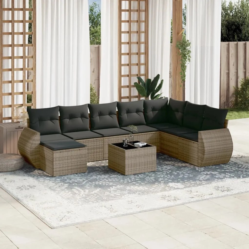 vidaXL 9 pcs conjunto sofás p/ jardim com almofadões vime PE cinzento