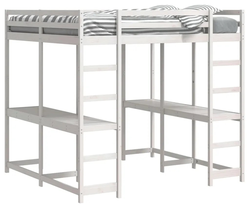 Cama alta c/ secretária e escada 200x200 cm pinho maciço branco