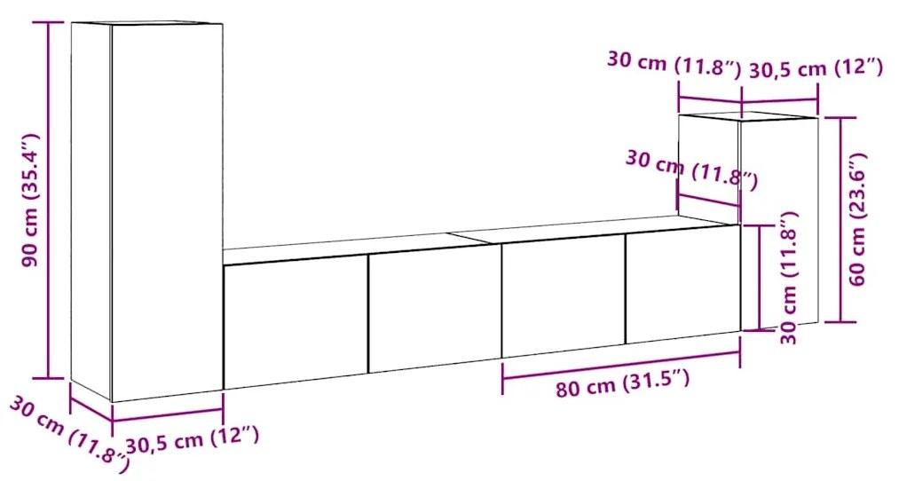 Conjunto de armário TV parede 4 pcs madeira carvalho artisiano