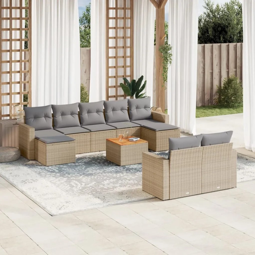 vidaXL 10 pcs conj. sofás jardim c/ almofadões vime PE bege misturado