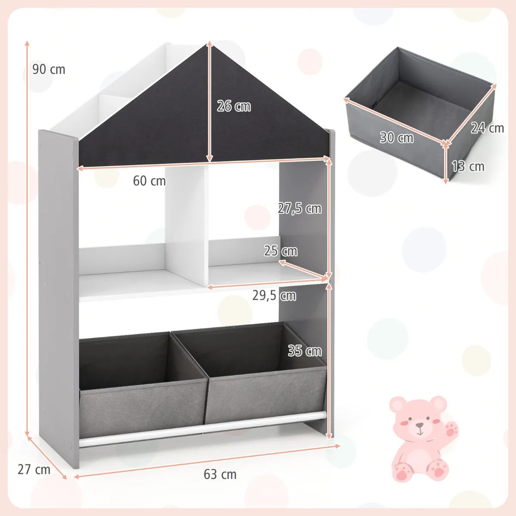 Estante em forma de casa para crianças Organizador de brinquedos em madeira com quadro branco 4 compartimentos 2 gavetas Cinzenta