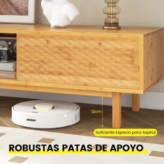 Móvel de TV em bambu 160 cm para TVs com portas de correr 3 compartimentos de arrumação para sala de estar natural