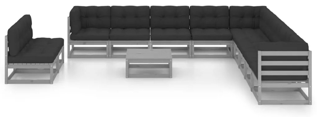 12pcs conjunto lounge de jardim + almofadões pinho maciço cinza
