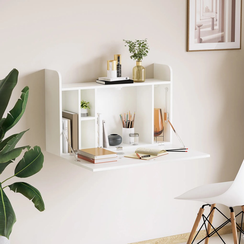 Secretária suspensa, 77 x 20 x 51 cm mesa de parede, mesa de computador de parede e prateleira rebatível com arrumação branca