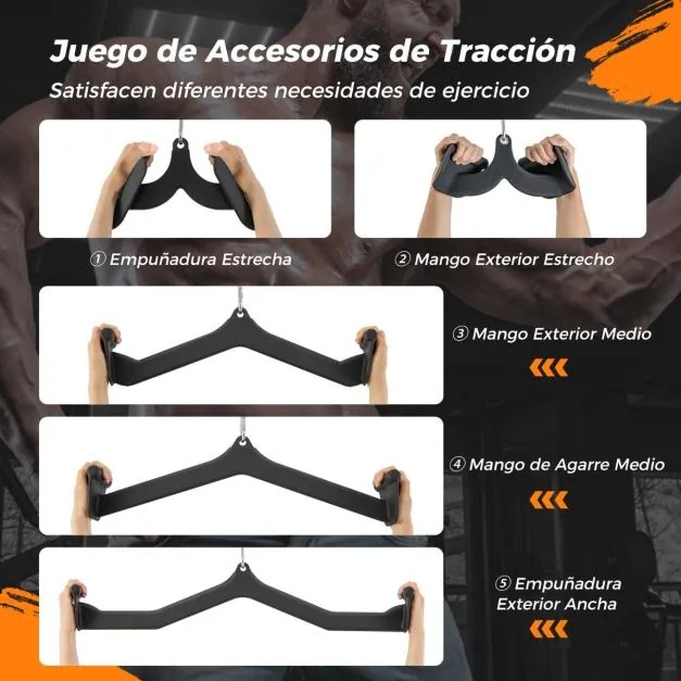 Conjunto de acessórios de 5 peças para a barra em V da poli do cabo de tração LAT para treino de força das costas no ginásio Preto