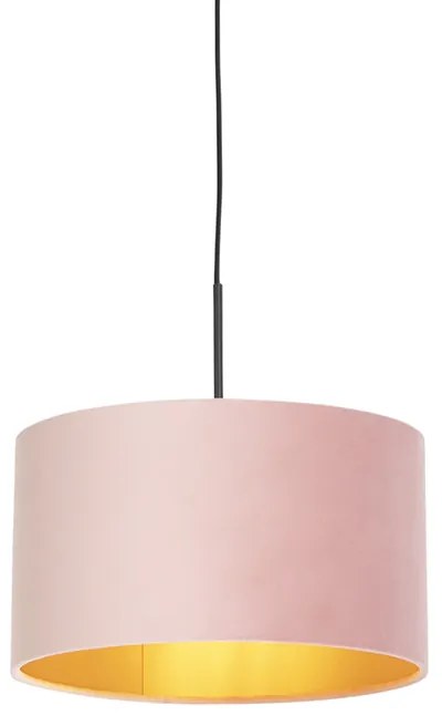 Candeeiro de suspensão com abajur de veludo rosa e dourado 35 cm - Combi