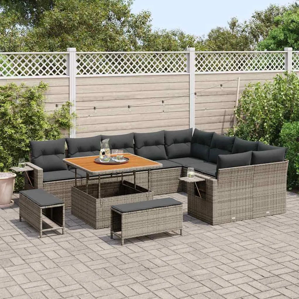 Conjunto de Sofá de Jardim com 12 Peças e Almofadas Cinza Rattan Polié