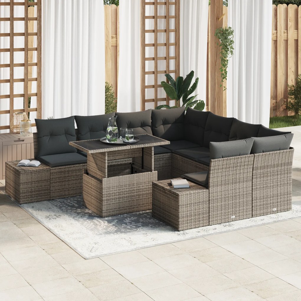 Conjunto de Sofá de Jardim de 9 Peças com Almofadas Cinza em Rattan Si