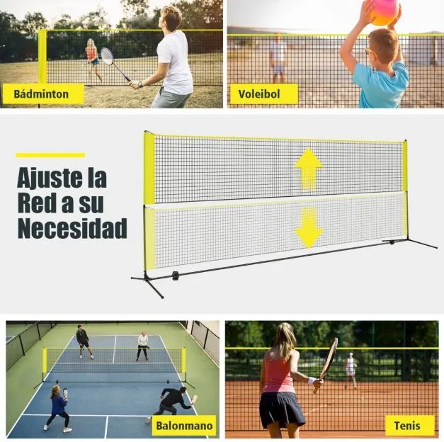 Rede de Badminton 420 cm Portátil Ajustável em Altura com Postes, Bolsa de Transporte e 2 Penas para Interior e Exterior Amarela