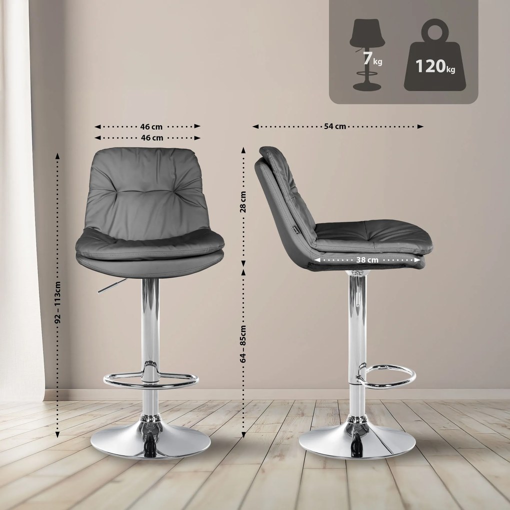 Banco de bar em couro sintético com estrutura prateada 92-113 x 46 x 54 cm cinzento