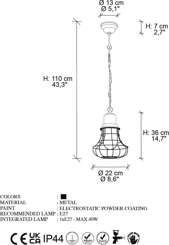 Candeeiro Suspenso GMN-00002 – Preto – 22 cm x 110 cm x 22 cm