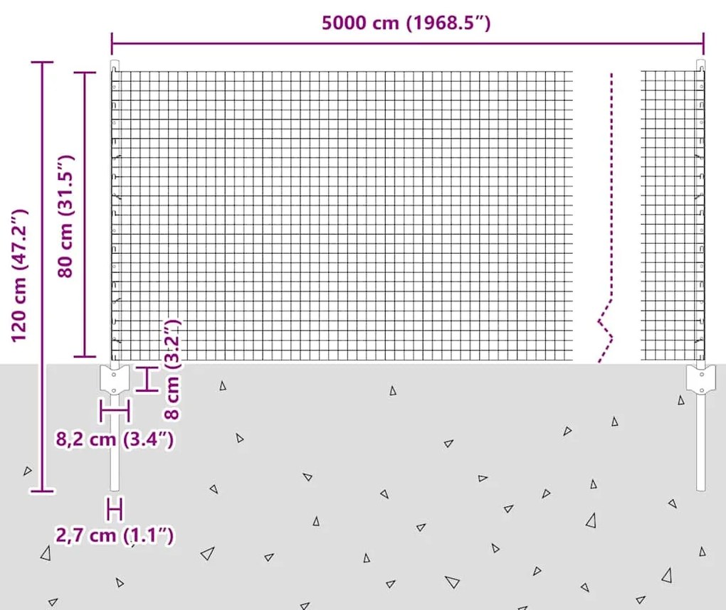 Cerca de Fio Soldado com 22 Postes U Cinza 0.8x50 m Aço