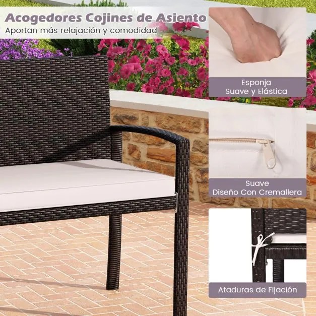 Banco jardim de vime para 2 pessoas 10 x 56 x 84 cm com almofada acolchoada, assento macio, encosto e apoios para os braços - castanho e brancoi