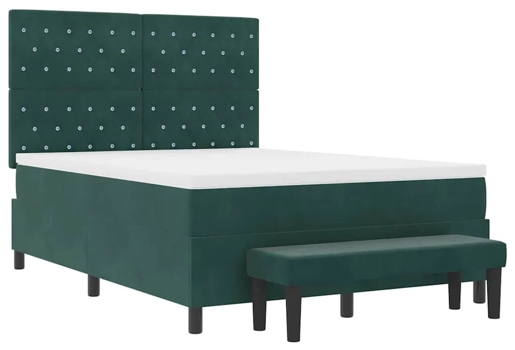Cama Box Spring com Colchão &amp; Banco Verde Escuro 140x190 cm Veludo