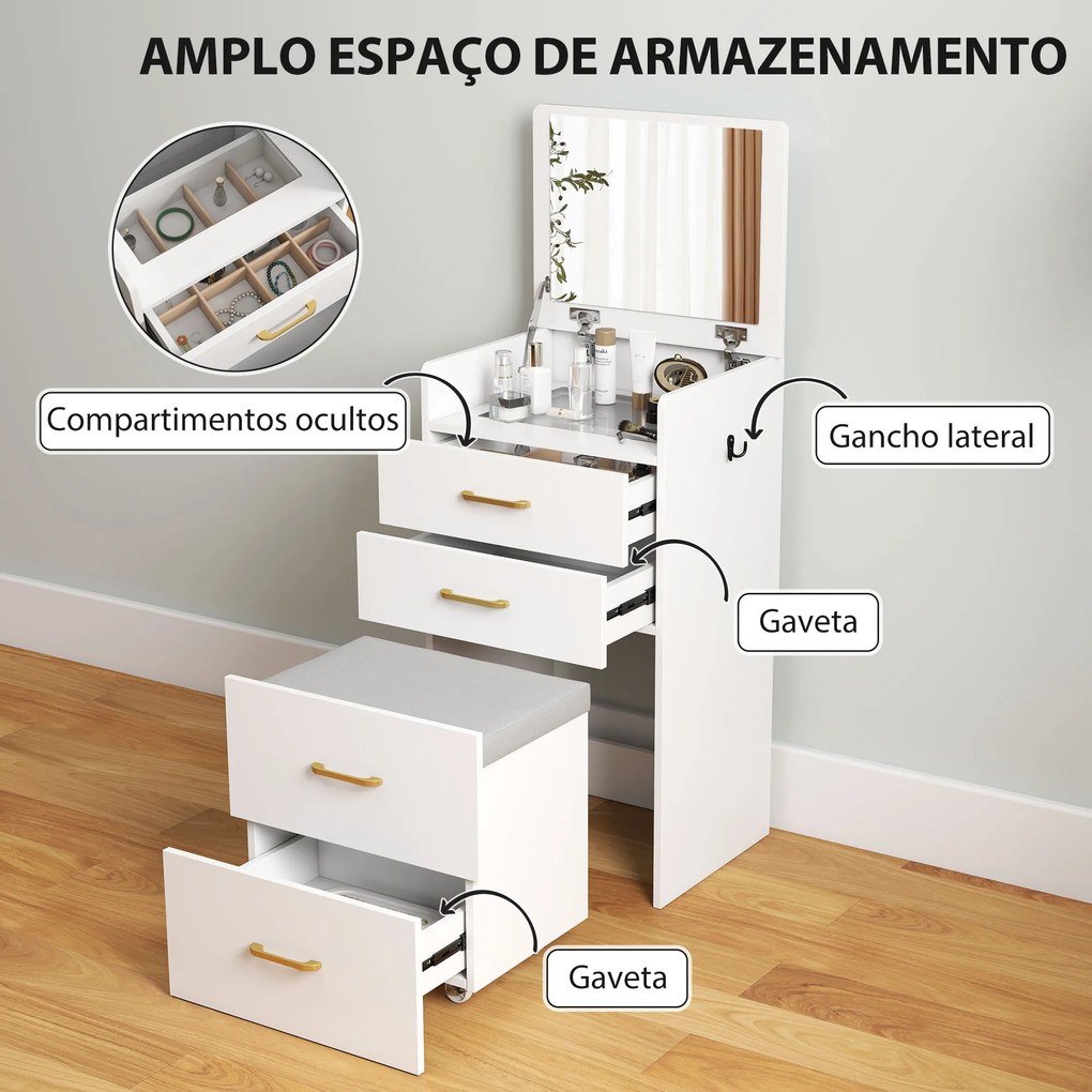 Toucador de Maquilhagem 3 em 1 com Banco Mesa de Maquilhagem com Espelho Gavetas e Bancada de Vidro Visível Toucador Moderno para Quarto 48x40x90 cm B