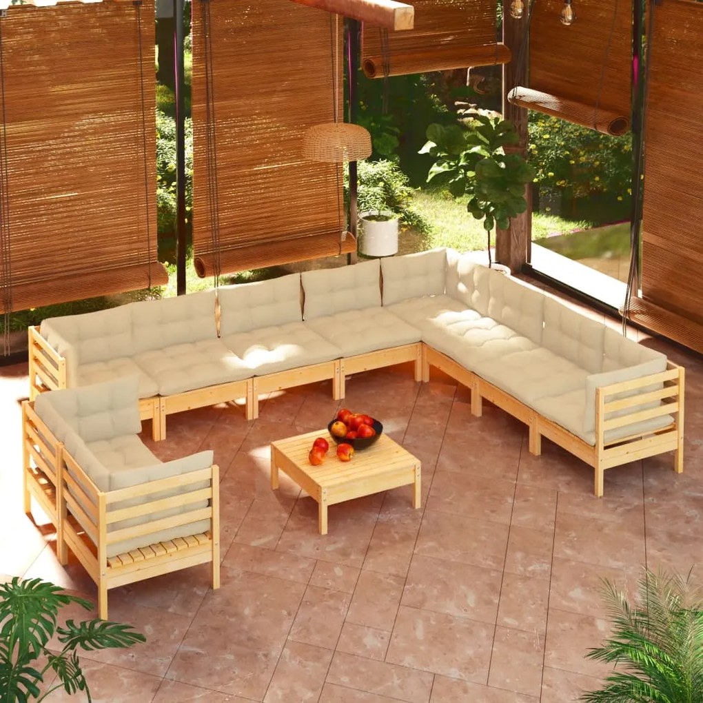 vidaXL 11 pcs conjunto lounge jardim c/ almofadões creme pinho maciço
