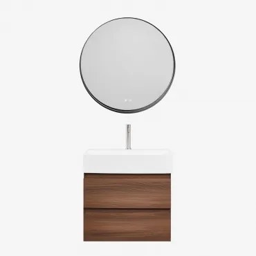 Conjunto De Móvel De Casa De Banho Em Madeira E Chapa De Freixo Com Lavatório Integrado Ona Madeira Escura & Redondo Led - Sklum
