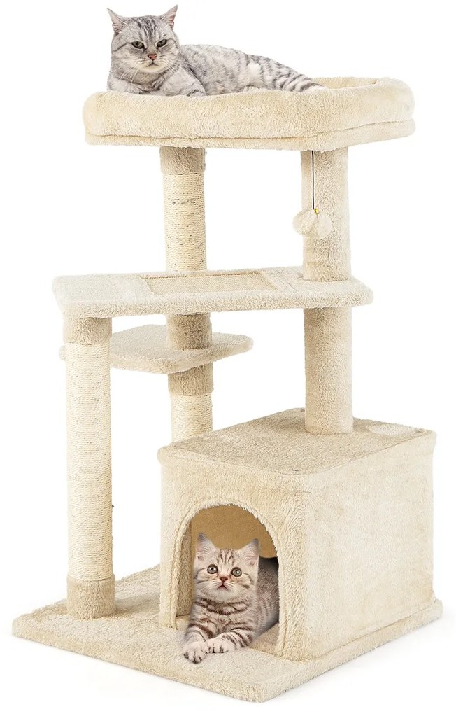 Arranhador para gatos de 4 níveis com postes para arranhar Plataforma superior em felpa 63 x 56,5 x 85 cm Bege