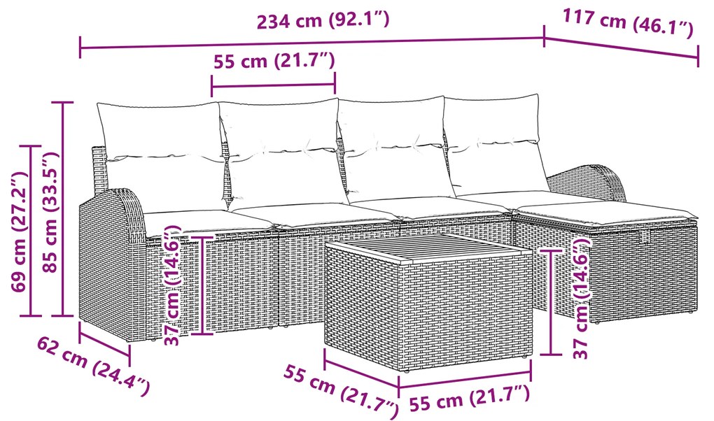 Conjunto de sofá de jardim de 6 peças com almofadas cinza de vime PE